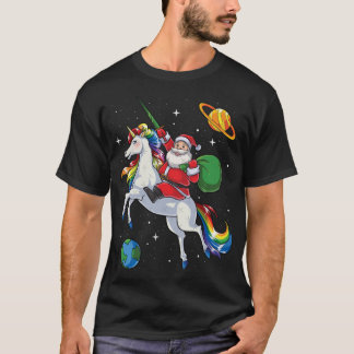 Santa Riding Unicorn Christmas Gifts Rainbow Space T-shirt