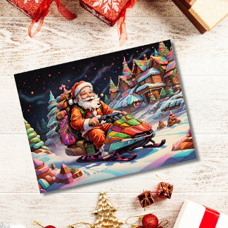 Santa rijden sneeuwscooter Psychedelische kleuren Briefkaart