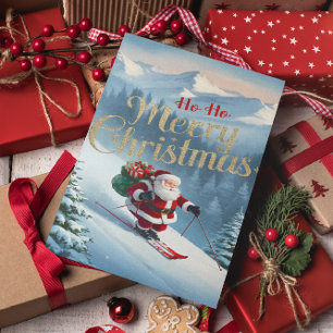 Santa rijdt ski's beneden een met sneeuw bedekte h briefkaart