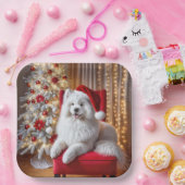 Santa Samoyed hond op een rode stoel Papieren Bordje (Feest)