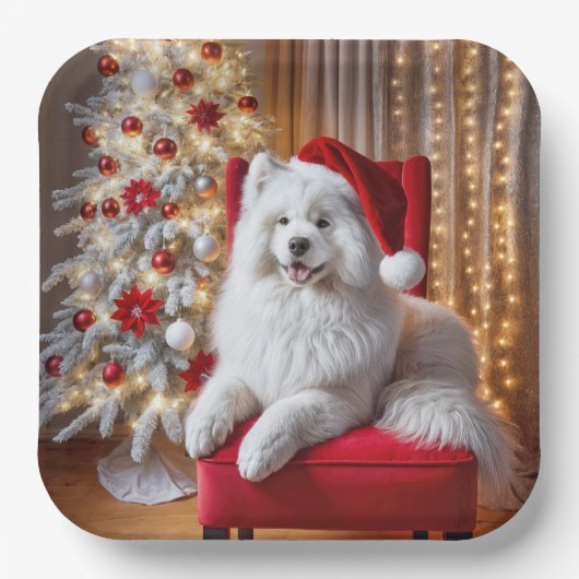 Santa Samoyed hond op een rode stoel Papieren Bordje (Voorkant)