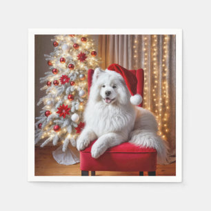 Santa Samoyed hond op een rode stoel Servet