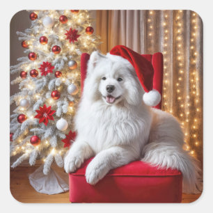 Santa Samoyed hond op een rode stoel Vierkante Sticker