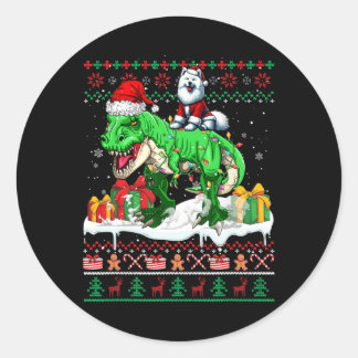 Santa Samoyed Riding T-rex Kersttrui Liefhebber Ronde Sticker
