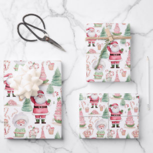 Santa Scene Roze Coördinerende Kerstmis Inpakpapier Vel