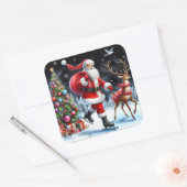 Santa schaatsen met een rendier door boom vierkante sticker (Envelop)