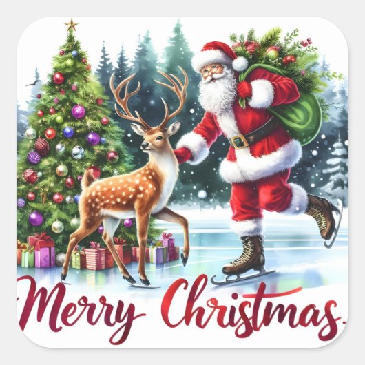 Santa schaatsen met rendieren door bomen vierkante sticker (Voorkant)