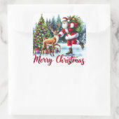 Santa schaatsen met rendieren door bomen vierkante sticker (Tas)
