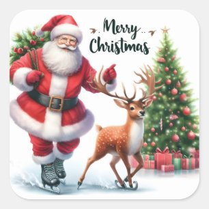 Santa Schaatsen met vrolijke rendieren Vierkante Sticker