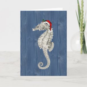Santa Seahorse Blue Wood Christmas Kaart