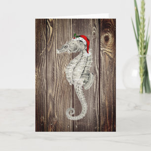 Santa Seahorse Rustic Wood Christmas Kaart