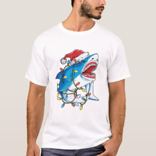 Santa Shark-kerstlampjes T shirt Mannen Sharkmas