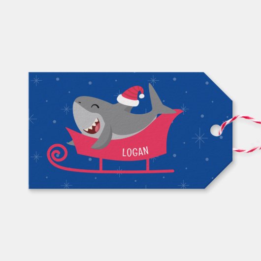 Santa Shark Sled Cadeaulabel (Voorkant (Horizontaal))