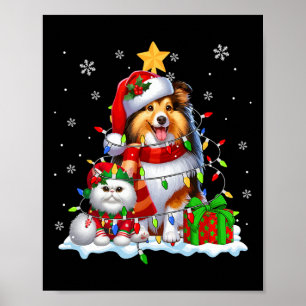 Santa Sheltie met Elf Cat Kerstverlichting Eigenaa Poster