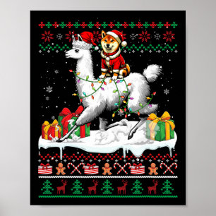 Santa Shiba Inu Riding Llama Kersttrui Lov Poster