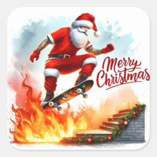 Santa Skateboards over Fiery Ramp Vierkante Sticker