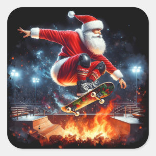 Santa Skateboards over Fiery Ramp Vierkante Sticker