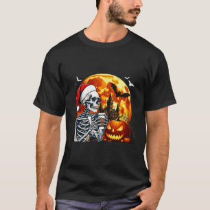 Santa Skeleton Drink koffie Halloween gesneden PU T-shirt