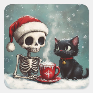 Santa Skeleton en Black Kitten Vierkante Sticker