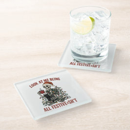 Santa Skeleton with Cat Holiday Snark Glazen Onderzetter