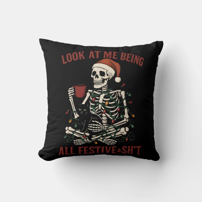 Santa Skeleton with Cat Holiday Snark Kussen (Voorkant)