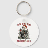 Santa Skeleton with Cat Holiday Snark Sleutelhanger (Voorkant)