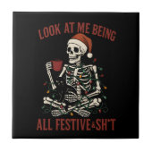 Santa Skeleton with Cat Holiday Snark Tegeltje (Voorkant)