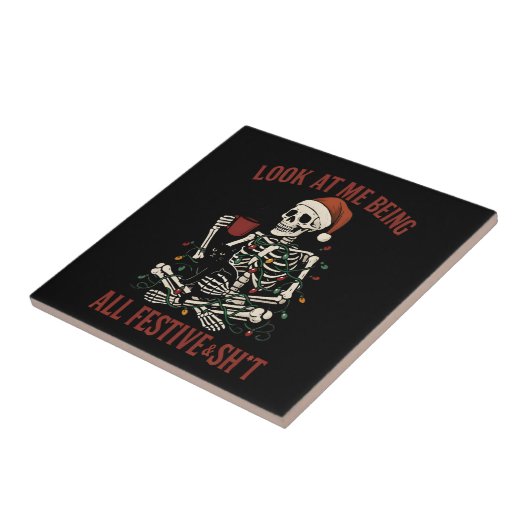 Santa Skeleton with Cat Holiday Snark Tegeltje (Zijkant)