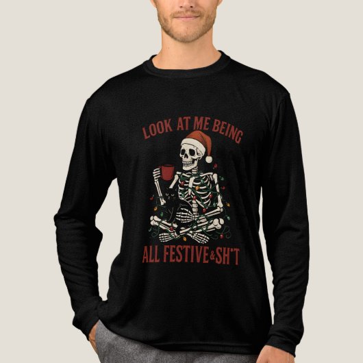 Santa Skeleton with Cat Holiday Snark Tri-Blend Shirt (Voorkant volledig)