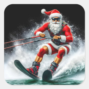 Santa skiën over golven tijdens de feestdagen vierkante sticker