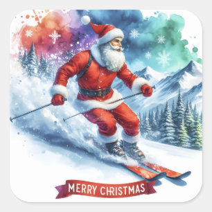 Santa ski's in een besneeuwde berg vierkante sticker