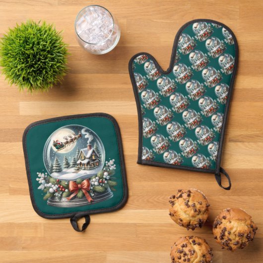 Santa Sleigh Ride in Snow Wereldbol Wonderland Ovenwant & Pannenlap Set (Top down)