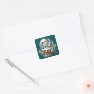 Santa Sleigh Ride in Snow Wereldbol Wonderland Vierkante Sticker