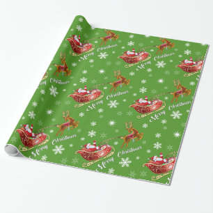 Santa & Sleigh Wrapping papier. Glanzend groen roo Cadeaupapier