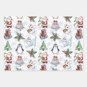 Santa sneeuwman kat pinguïn inpakpapier vel