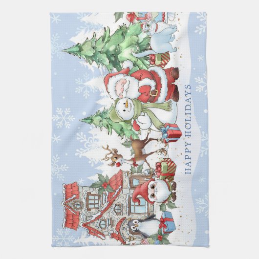 Santa sneeuwman Rudolph Penguin Kerstmis Theedoek (Verticaal)