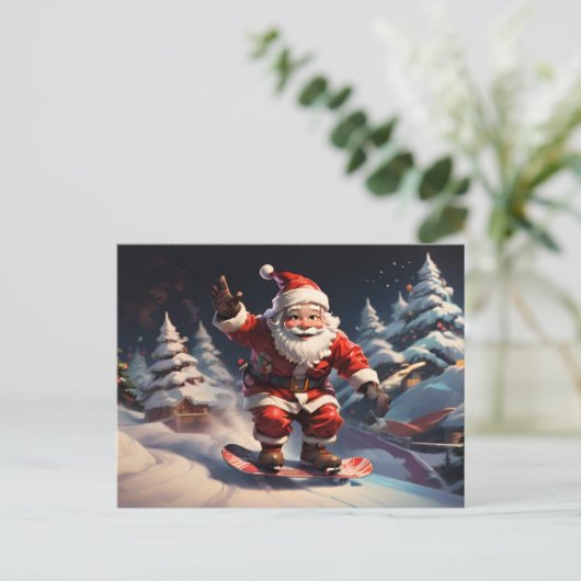 Santa snowboarden op de berg feestdagenkaart (Staand voorkant)