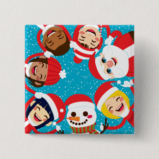 Santa Snowman en kinderen die handen vasthouden Vierkante Button 5,1 Cm