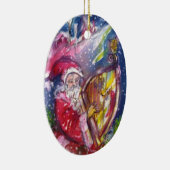 SANTA SPEELT HARP IN MOONLIGHT Red Ruby met Kerstm Keramisch Ornament (Rechts)
