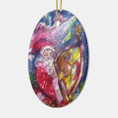 SANTA SPEELT HARP IN MOONLIGHT Red Ruby met Kerstm Keramisch Ornament (Links)