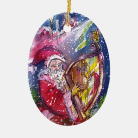 SANTA SPEELT HARP IN MOONLIGHT Red Ruby met Kerstm Keramisch Ornament (Voorkant)