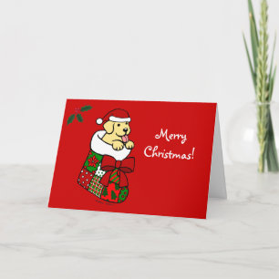 Santa Stocking Yellow Lab Puppy Cartoon Feestdagen Kaart