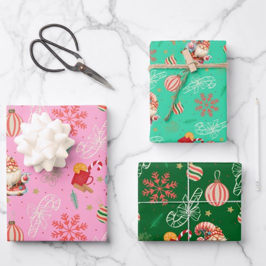 Santa & Sweet Holiday Pattern Gift Wrap Set Inpakpapier Vel (Voorkant)