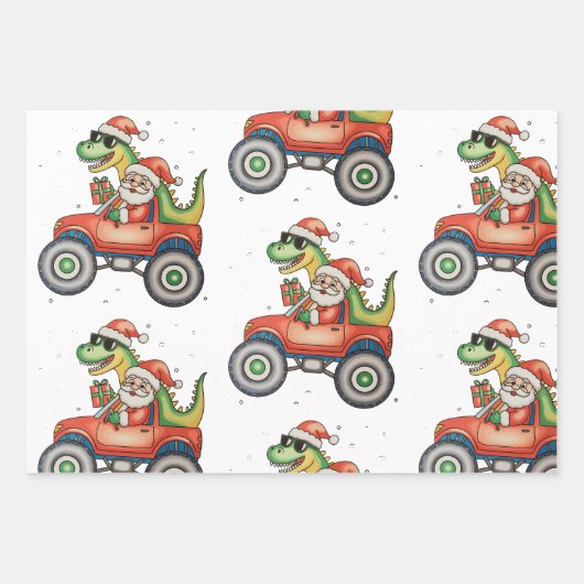 Santa T Rex Dinosaur Monster Truck Kerstmis Inpakpapier Vel (Voorkant)