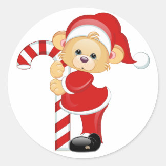 Santa Teddy Bear en Candycane Ronde Sticker