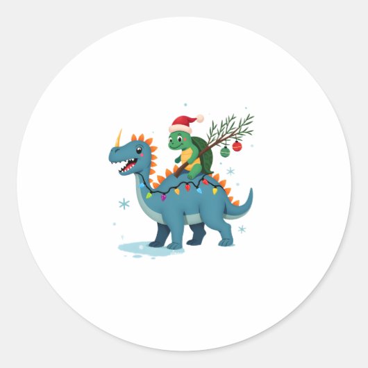Santa Turtle Riding T-Rex Reindeer Christmas Light Ronde Sticker (Voorkant)