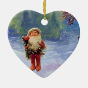 SANTA VAN DE GNOMEN MET RODE RUBY HEART KERAMISCH ORNAMENT
