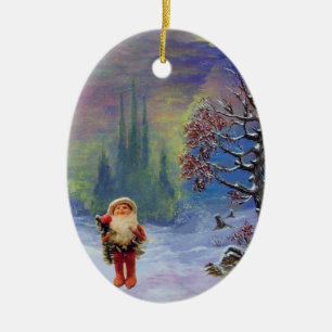 SANTA VAN DE GNOMEN, RODE RUBY EN BLUE SAPPHIRE KERAMISCH ORNAMENT