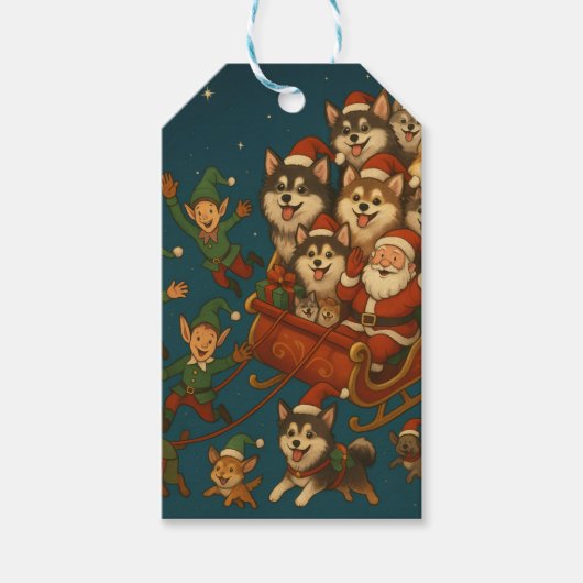 Santa with joyous pups and elves! cadeaulabel (Voorkant)