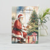 Santa & Xmas Tree gepersonaliseerd Feestdagenkaart (Staand voorkant)